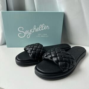 Seychelles (10) Bellissima Black Puffy Woven Leather Slide Sandals- Quiet Luxury
